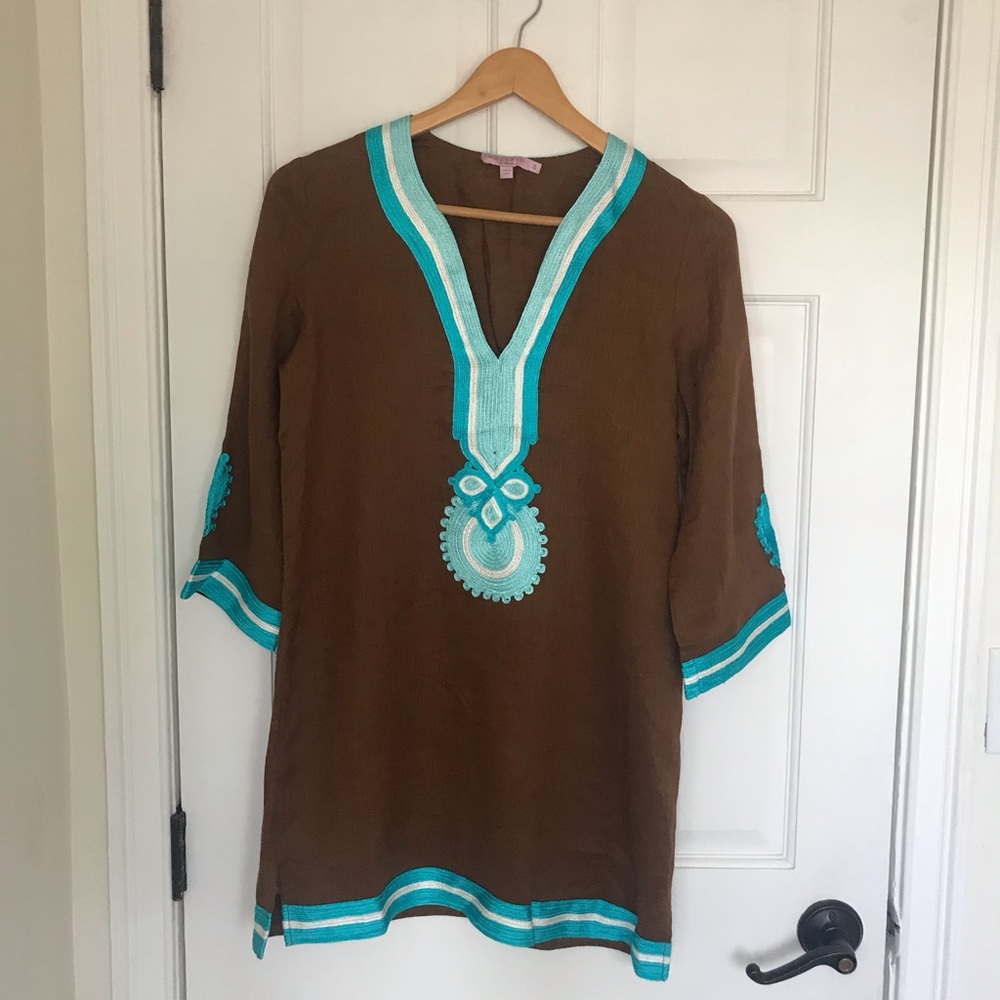 Calypso St. Barth Brown Pure Linen Tunic Shirt
